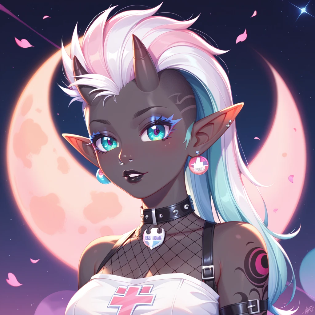 score_9, score_8_up, score_7_up, ((Masterpiece)), ((highres)), ((1person, 1girl, 1female)), Random poses, beautifully detailed succubus girl, ((pastel moon background)), white mohawk w/ponytail, defined elf ears with ear guages, defined eyes, pastel iris, long eye lashes, defined nose, black lipstick, curvy, fishnet, (((Black skin))), black demon horns, breasts, night sky, pastel gothic style, gothic style art, gothic asthetic, (((Johnny Test art style)))
