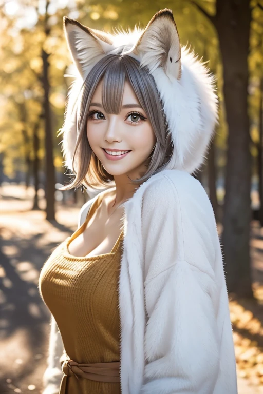 sexy swedish model, (-anime), only 1 model, very short hair, beautiful smile, lip-gloss, long lashes, defined eyebrows, long fur fox color scheme, ((long fur fox cosplay)), fox ears, fox tail, fox choker, look at the camera, cinematic light, (sparkling long fur background), sweet and sexy pose