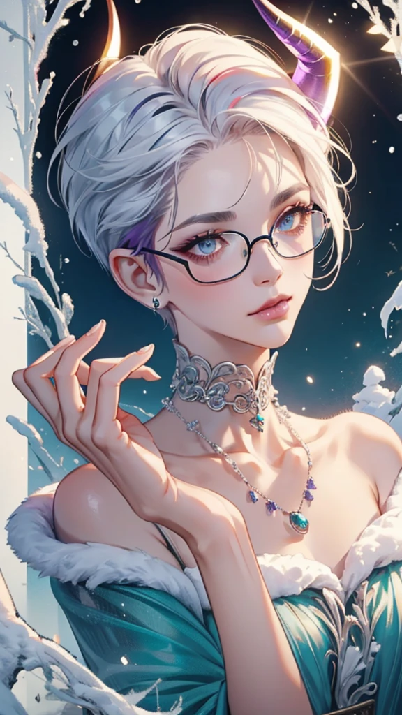 8k, masterpiece, best quality, highly detailed, 1 girl, devil, demon horns, warlock, pixie cut, white hair, multicolored hair, very short straight hair, red highlight hair on white hair, stippled hair, wearing glasses, round glasses, earrings, red eyeshadow, long eyelashes, blushed cheek, purple lips, pearl necklace, rings, collarbone, mole on face, glamorous, teal and purple royal clothes, expressionless, close up view, rings, looking at viewer, standing, frost, death, winter, snow strom, tundra, turning back, back facing viewer, looking over shoulder, exposed nape