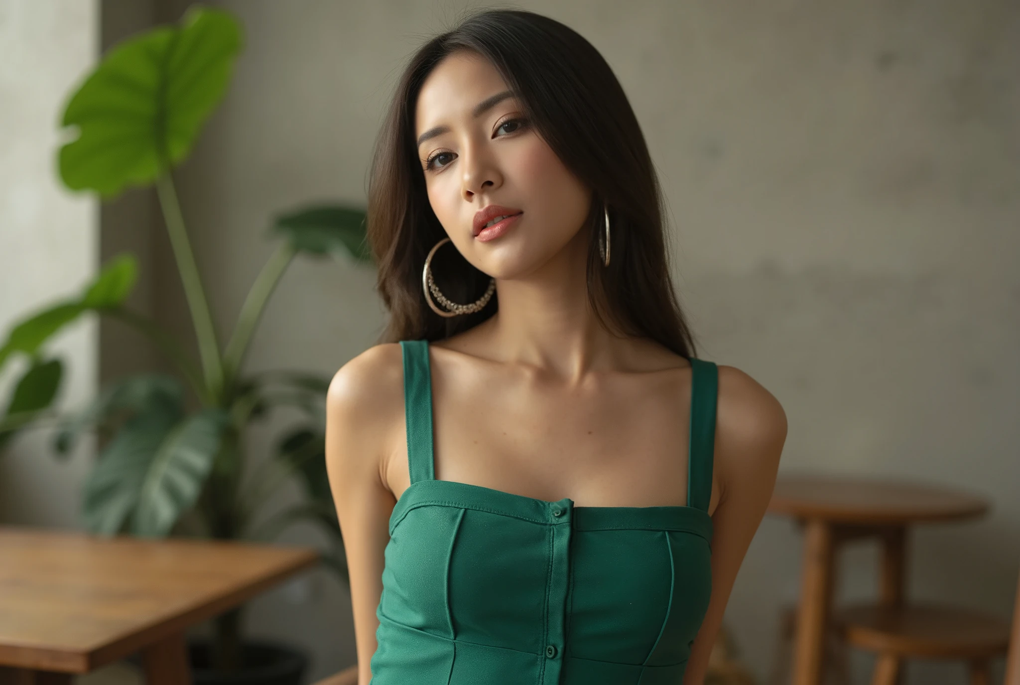 A chic fashion photoshoot inside a minimalist loft-style café with industrial décor. The Thai woman model wears a structured emerald green dress with silver hoop earrings. The background features clean concrete walls, warm wooden furniture, and a potted monstera plant. Soft, warm lighting highlights the textures of the outfits and the models' confident yet relaxed expressions. The warm, natural lighting gives the image a soft, dreamy quality, with a slight film-like texture, evoking a nostalgic, cinematic atmosphere.
