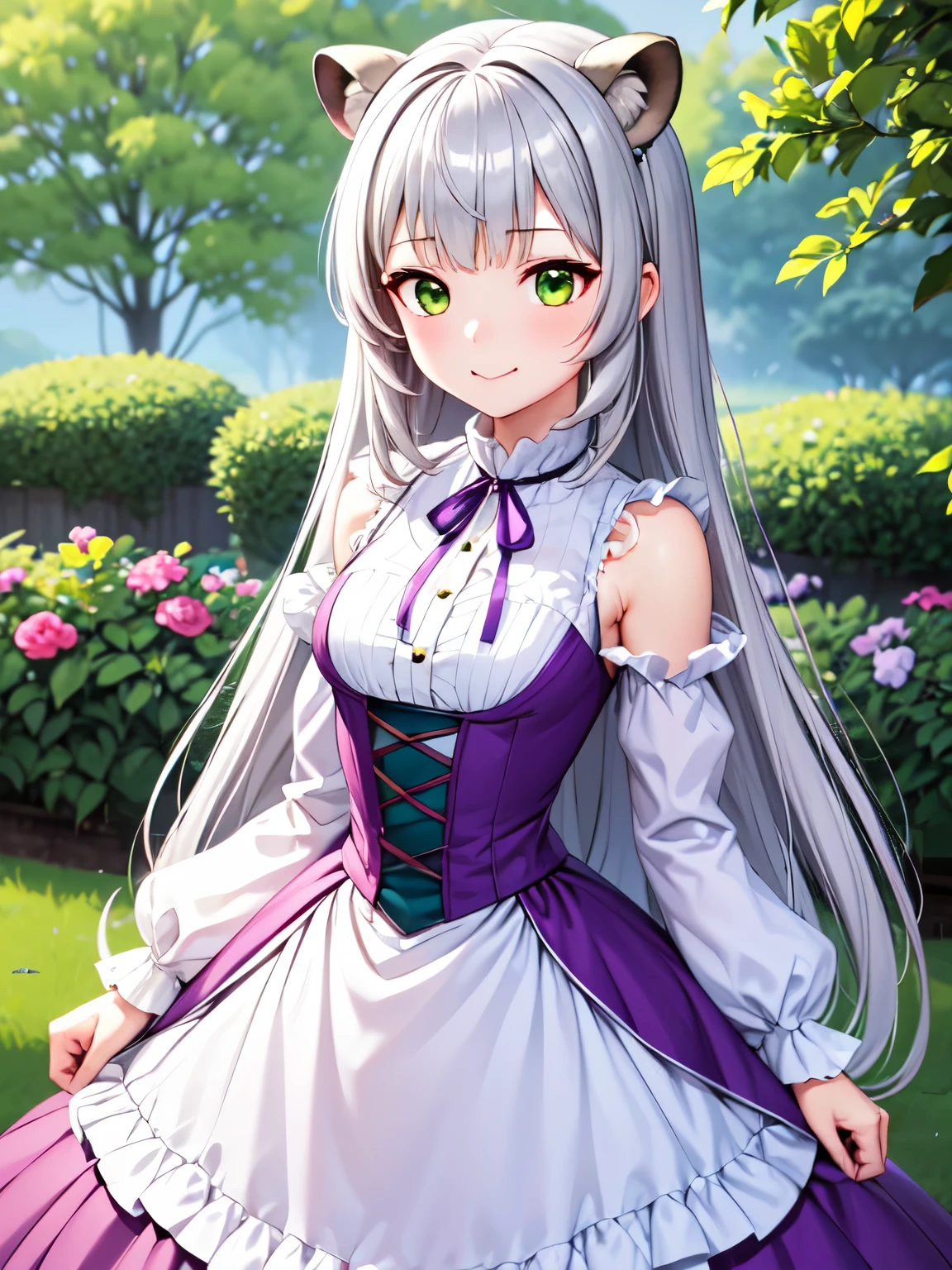 masterpiece,  best quality,  high definition 、  1 girl,solo、Raccoon Ears、 silver hair、 Silver Hair, Long Hair,  sweep bang, Silver Hair, yellow-green eyes, (Purple ribbon: 1.2), Big beautiful eyes, Cute mouth ,  Victorian Maid Outfit:1.2、smile、Embarrassed,  flared skirt showing right shoulder, whole body