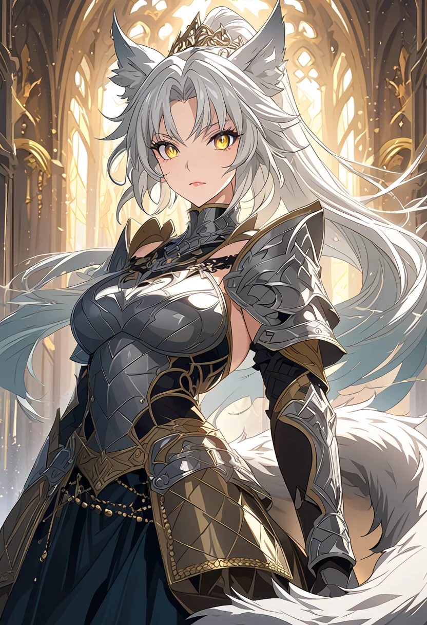 beautiful anime woman in knight armor, wolf ears, wolf tail, half wolf and half human, yellow eye color, white hair in a ponytail, feminine ass and hips, light novel art, detailed anime art, 4k, anime, cute confident expression, warrior, cool, pretty, warrior princess, elegant, regal, royal, sexy, thicc, wearing a skirt and leggings, close up shot of face, detailed beautiful feminine facial features, feminine