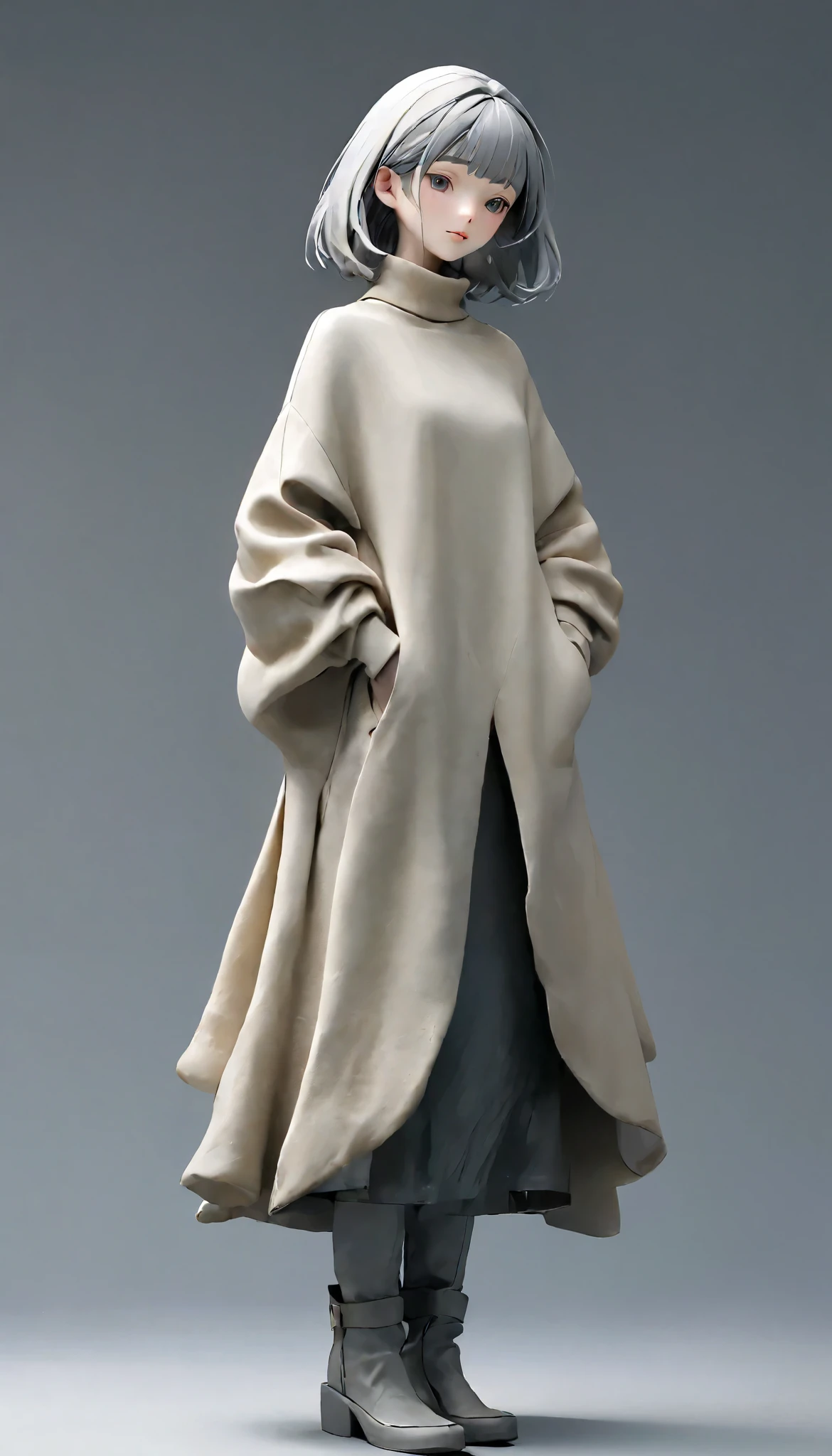 ( best quality:1.2),ultra-light clay, woman, womanの身体, slender、 Artistic Expression 、Long Hair、clay、Pottery、 thin waist、 short bob hair ,myth, mineral pigments, 3D clay sculpture art, clay sculpture, Rough surface, (slope,slope background, gray background ,Food Up,Alone, turtleneck、 upper body