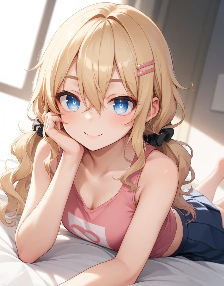 nsfw, woman、High image quality、((hairs between eyes))、low twintails 、Blonde color、(((droopy eyes)))、(((Light blue eyes)))、wavy hair、 downward-slanted eyebrows、smile、hairclip　salmon pink left、tank top salmon pink、skirt white、hair scrunchie pink color、((sitting sideways yokozuwari)),((lying on her stomach))