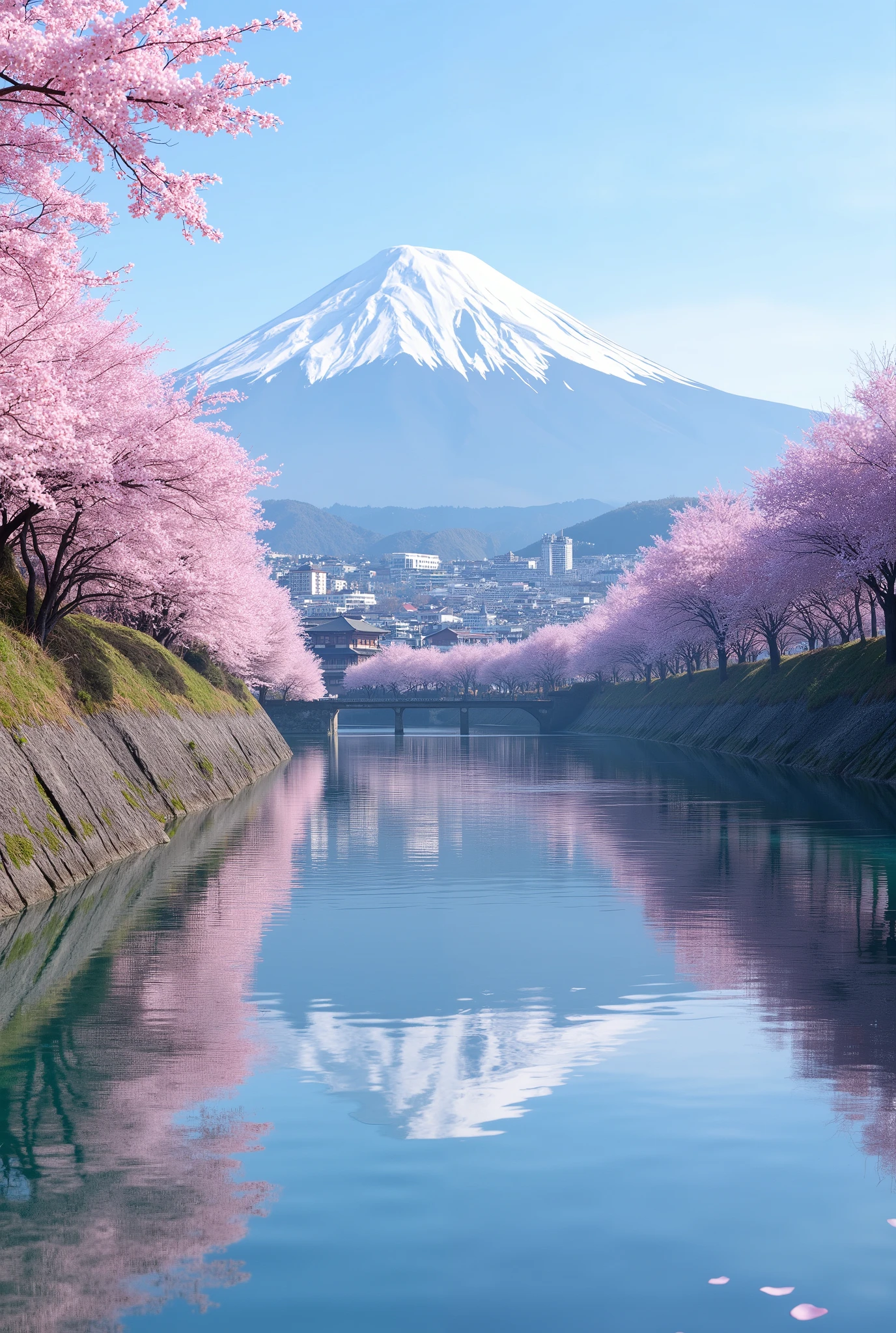 City Reflected on Water/City shadowed by water /The city reflected on the surface of the water、Cherry Tree、Somei-Yoshino、Mount Fuji、 Beautiful Scenery 、An old Japanese mansion