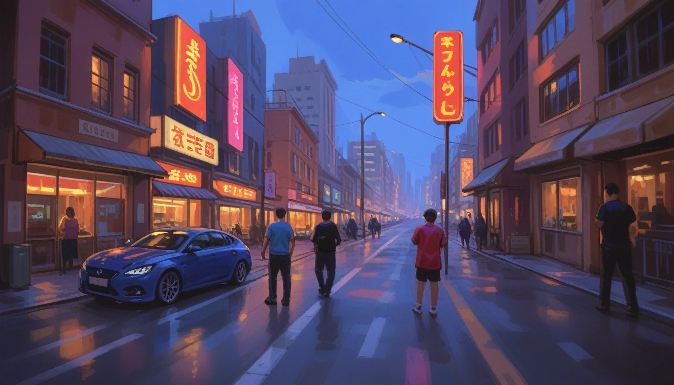  A street scene from a vertical perspective ， The camera is close to the ground facing the sky to shoot the scene ， A red sports car parked in the middle of the street ， and two people fighting in a car ， The background is a high-rise building ，Lots of buildings ， The street is a shop with an open door ，There is a sign on the street ，The time is at night ， The building's sign has a fuchsia neon light ， Many people stand on the street in front of the camera watching the fight in the car with their backs to the camera，Holding a weapon in his hand ，UE5 Rendering， cartoon style ， anime style，8k