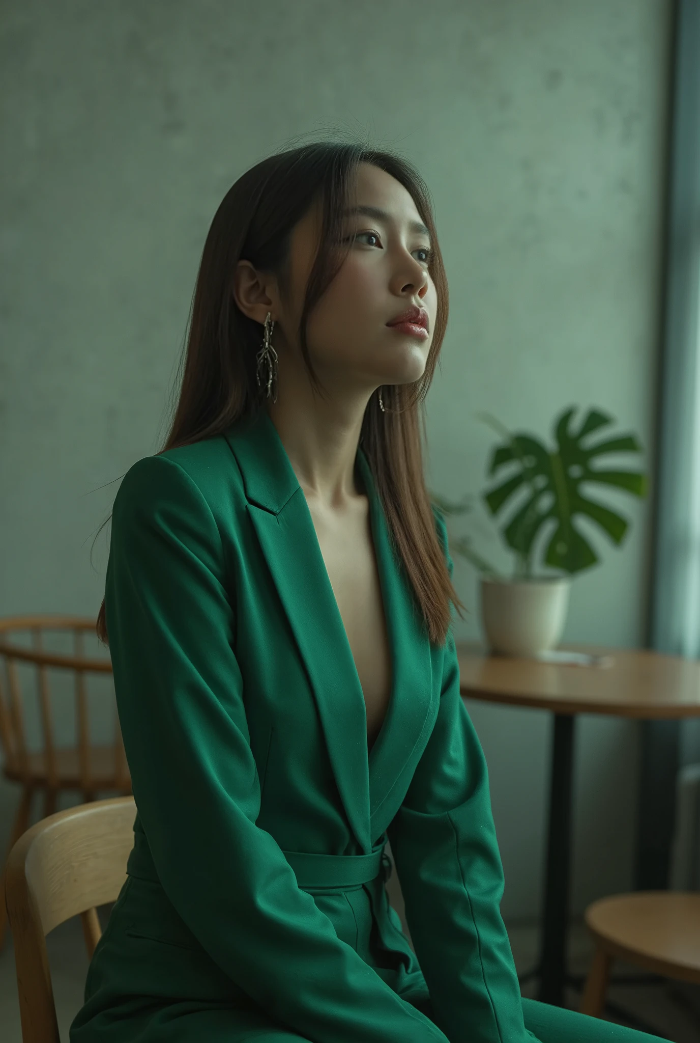 A chic fashion photoshoot inside a minimalist loft-style café with industrial décor. The Thai woman model wears a structured emerald green dress with silver hoop earrings. The background features clean concrete walls, warm wooden furniture, and a potted monstera plant. She gazes sideways with a dreamy, cinematic look. The image features a muted cinematic color palette with teal and green tones, creating a moody and dark atmosphere. The lighting is soft and subdued, casting deep shadows and highlights on her face. The background has a soft, blurred quality, with a slight haze and a dreamy, ethereal glow, giving the scene an almost surreal, otherworldly feel. The overall style evokes a gritty, raw look, like a scene from a psychological thriller film, captured on 35mm film with ISO 800. The shot is wide-angle, with a slight motion blur adding to the cinematic, dreamlike atmosphere.
