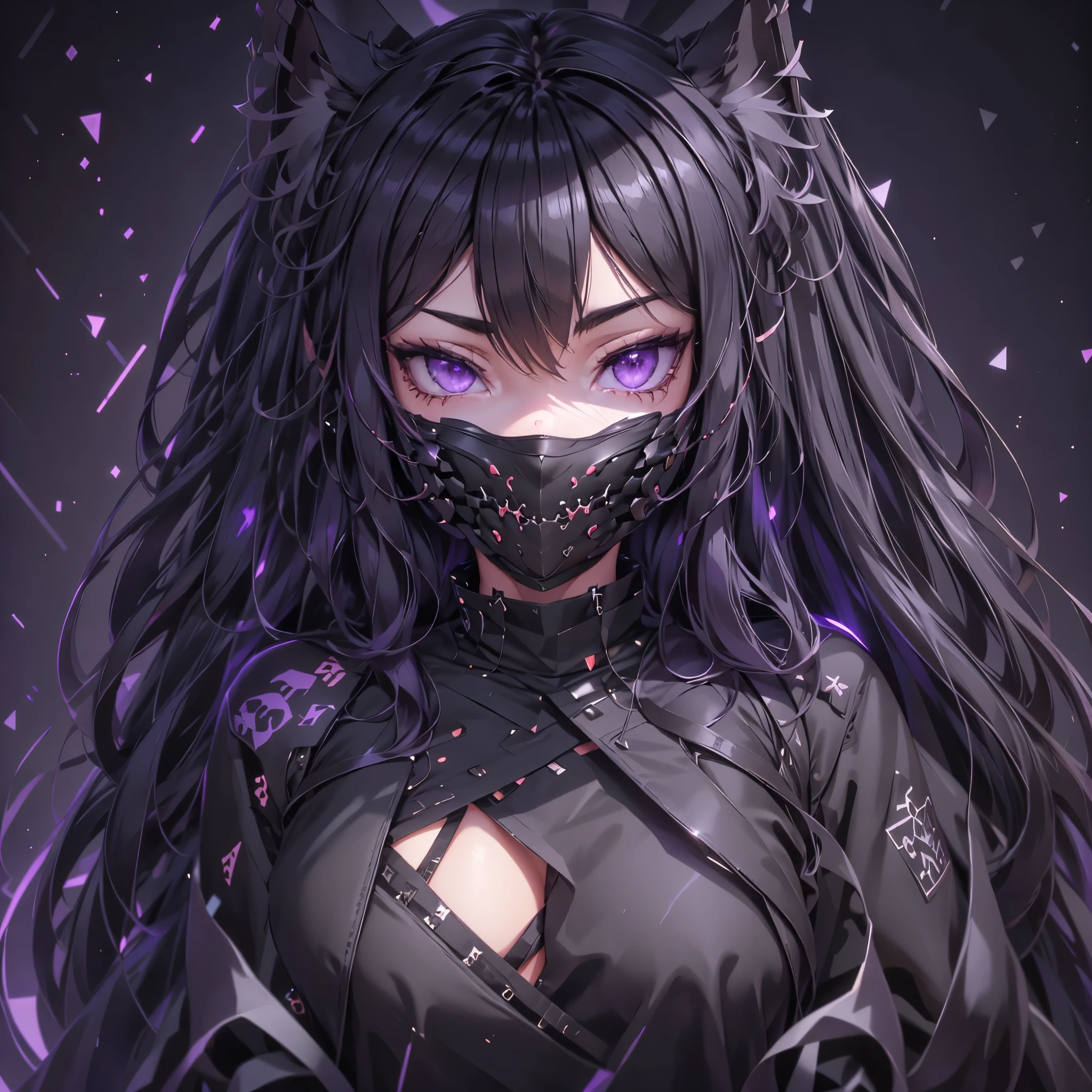 (YukiShido), 1girl, fox ears, cat ears, (gray eyes), beautiful long hair, (wearing black oni mask with sharp fangs), dataviz style , polygons, wireframes, datapoints, purple tones, cyan tones, camellia flower, fractals, Fibonacci sequence . 3D, paper folding, paper cutting, Japanese, intricate, symmetrical, precision, clean lines, uper body