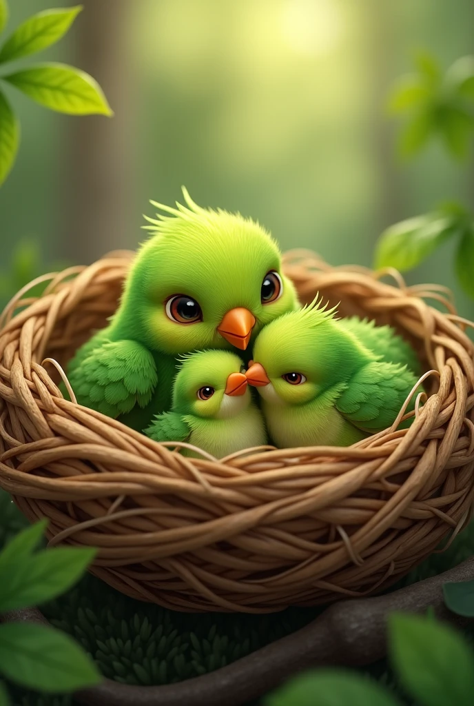 Four more green parrot chicks with their mother and father, a total of 6 green parrots, a Dalfa parrot family, the father has 2 large parrots and 4 small ones in the nest.