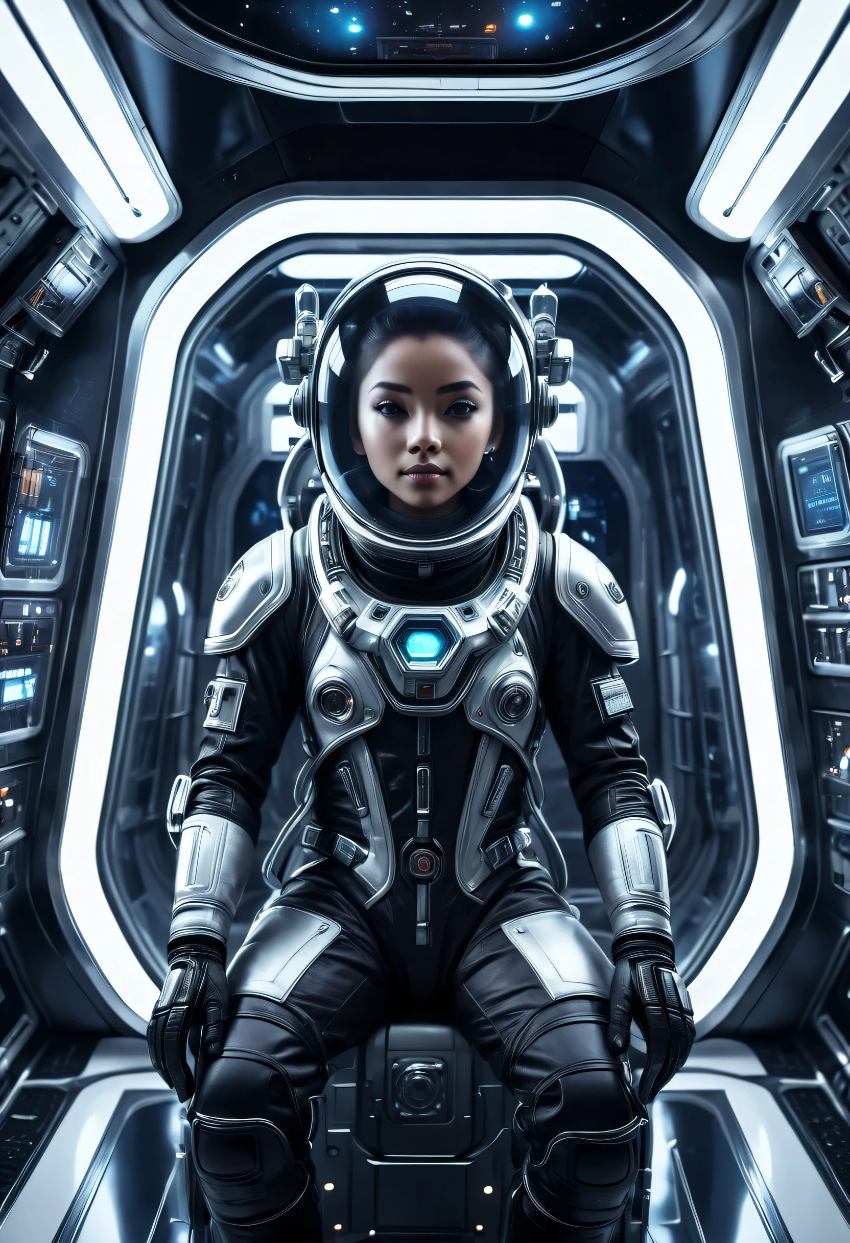 a futuristic astronaut in a space capsule, control panel, high-tech interior, metal and glass materials, atmospheric lighting, dramatic cinematic composition, intricate details, photorealistic, concept art style