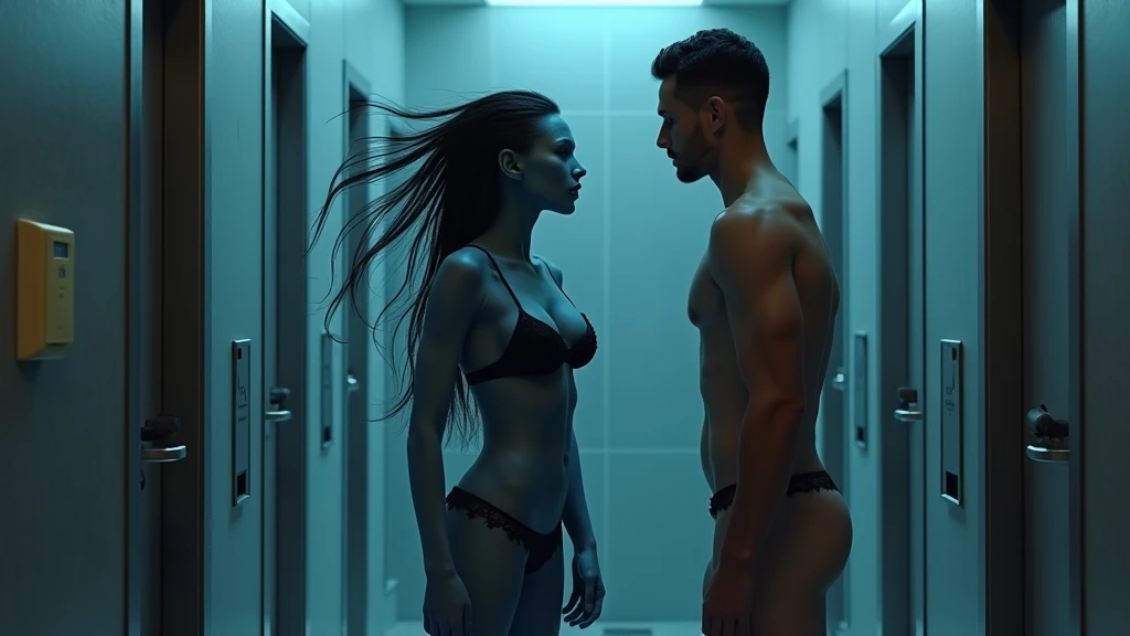 Totally naked girl and boy in a horror venue