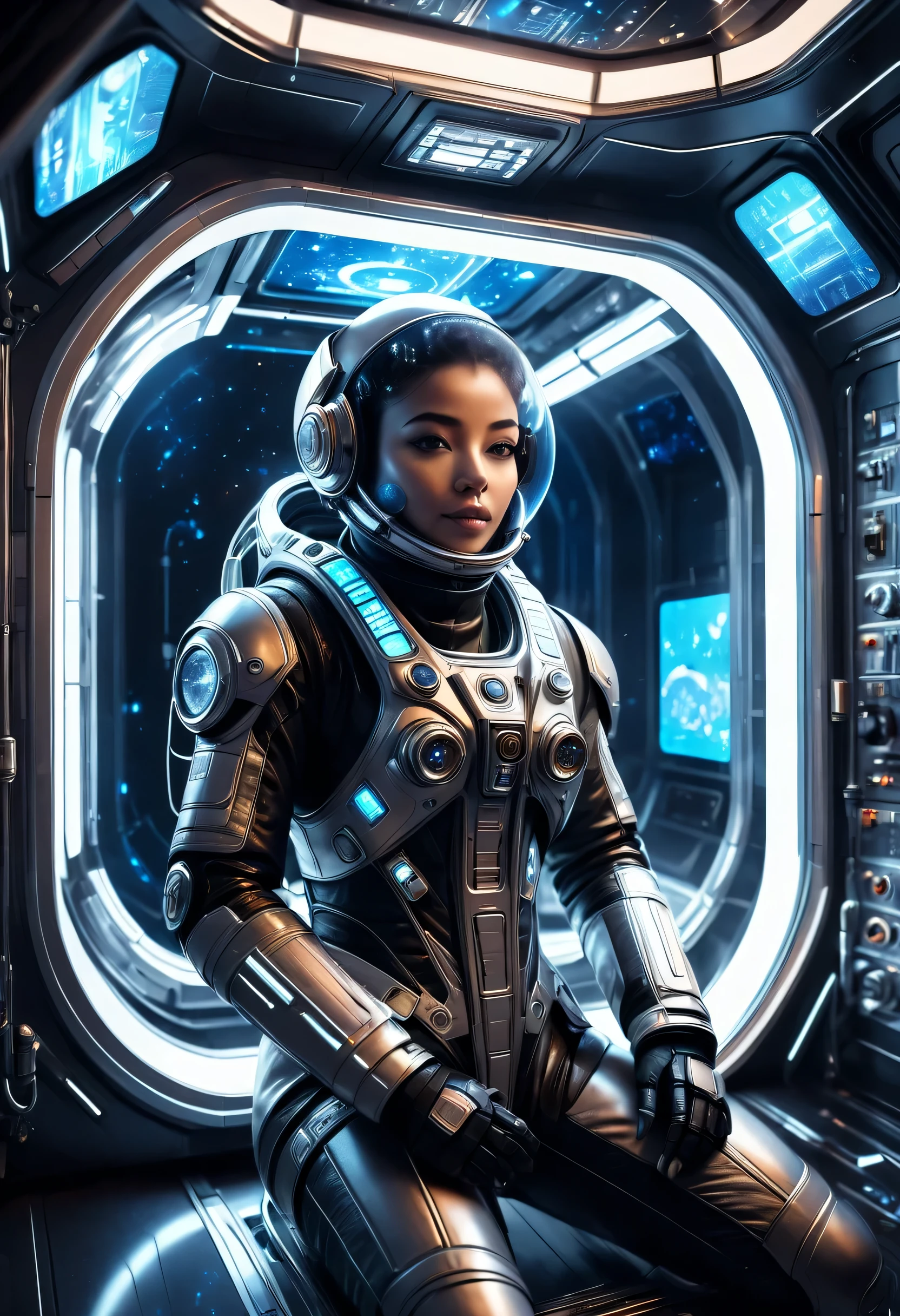 a futuristic astronaut in a space capsule, control panel, high-tech interior, metal and glass materials, atmospheric lighting, dramatic cinematic composition, intricate details, photorealistic, concept art style