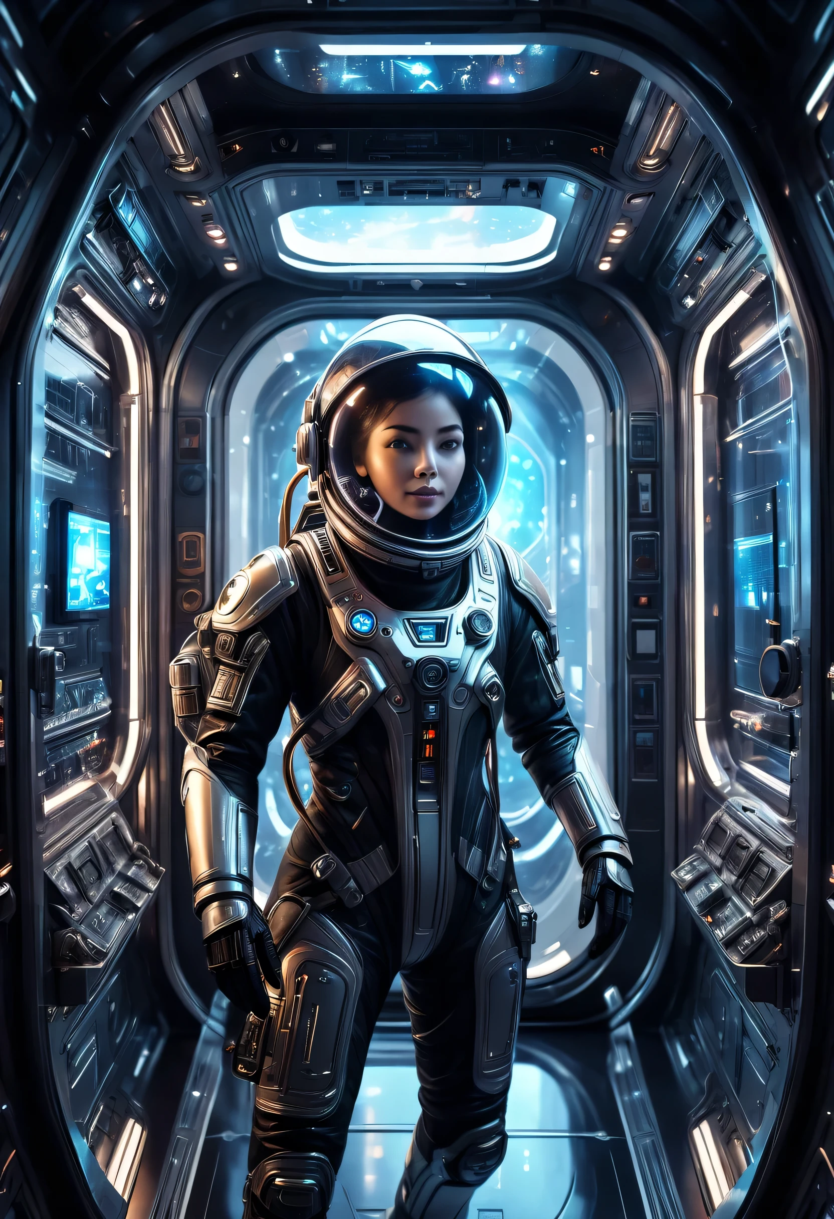 a futuristic astronaut in a space capsule, control panel, high-tech interior, metal and glass materials, atmospheric lighting, dramatic cinematic composition, intricate details, photorealistic, concept art style