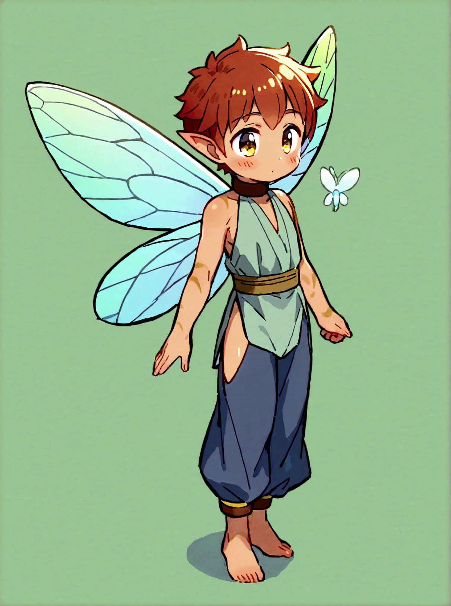 (masterpiece, best quality), (full body:1.2), (standing), (ultra quality skin:1.0), 1boy, ((solo)), (shota), (boy_shota), fairy, (fairy wings, insect wings, dragonfly wings), elf ears, blush, textured skin, tan skin, auburn hair, beautiful and detailed face, detailed eyes, hazel eyes, eyes, curious, elegant, soft blush, full view, (simple background, white background, empty background), slave clothes, harem pants