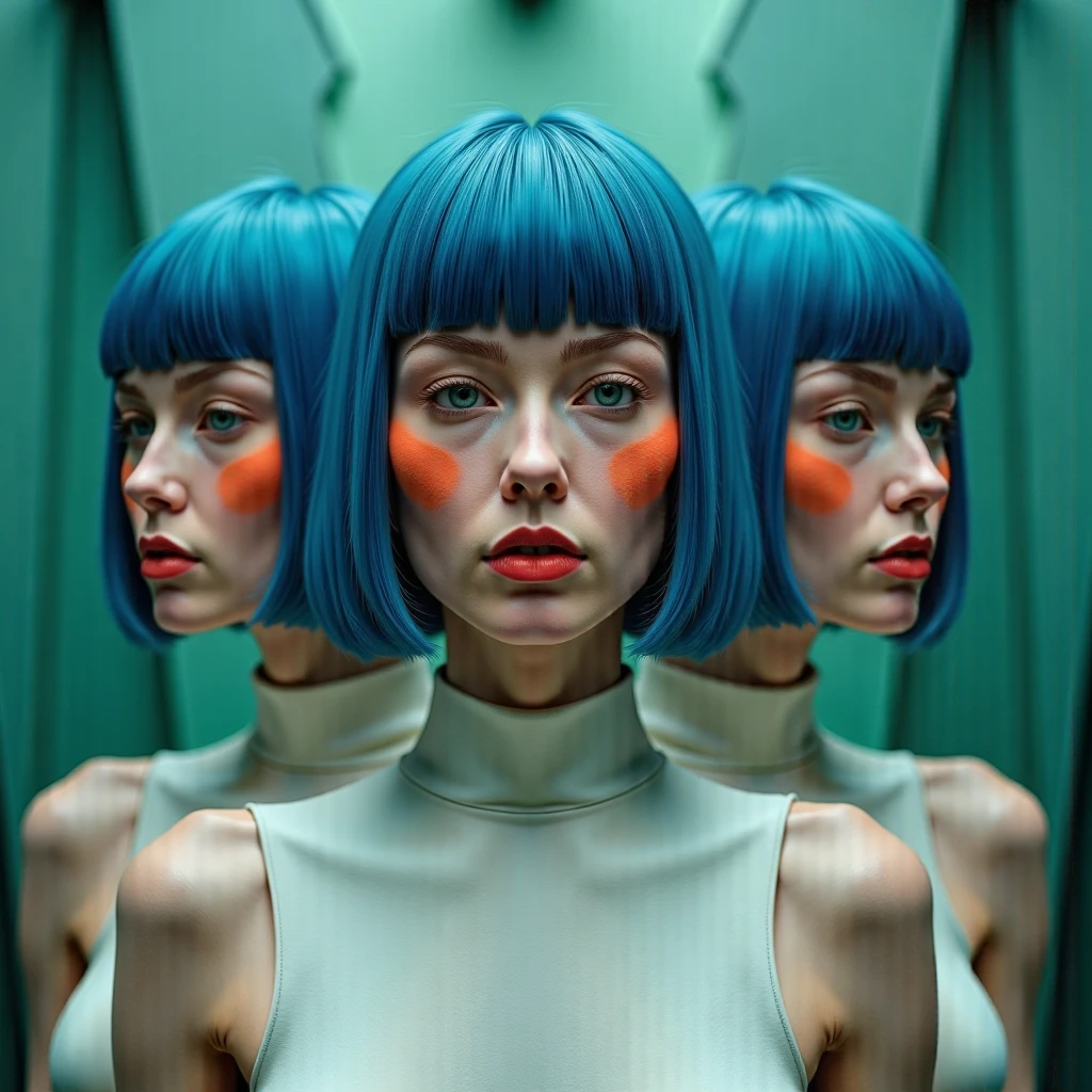 A digital art character portrait, turnarounds in 9 grid views, straight blue hair with bangs, symmetrical bob cut, pale skin, orange blush marks on cheeks, red lips, blue eyes, white high neck sleeveless top, geometric art deco background in teal and mint green, angular architectural patterns, retro futuristic aesthetic, front view center, three quarter views, side profiles, back views, moody atmospheric lighting, art style of Julia Razumova, hyperrealistic 3D render, octane render, 8k, highly detailed, ultra sharp, cinematic composition