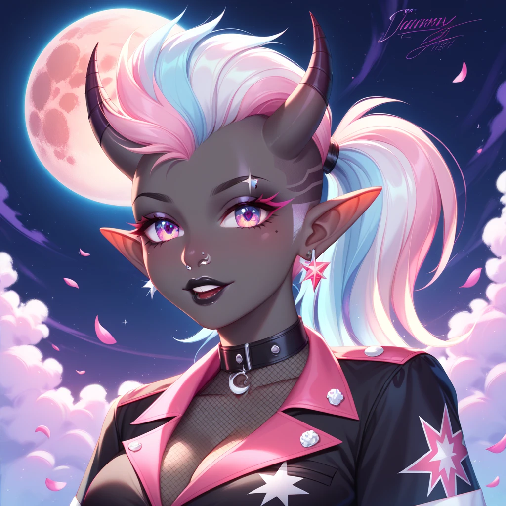 score_9, score_8_up, score_7_up, ((Masterpiece)), ((highres)), ((1person, 1girl, 1female)), Random poses, beautifully detailed succubus girl, ((pastel moon background)), white mohawk w/ponytail, defined elf ears with ear guages, defined eyes, pastel iris, long eye lashes, defined nose, black lipstick, curvy, black fishnet, (((Black skin))), black demon horns, breasts, night sky, pastel gothic style, gothic style art, gothic asthetic, (((Johnny Test art style)))
