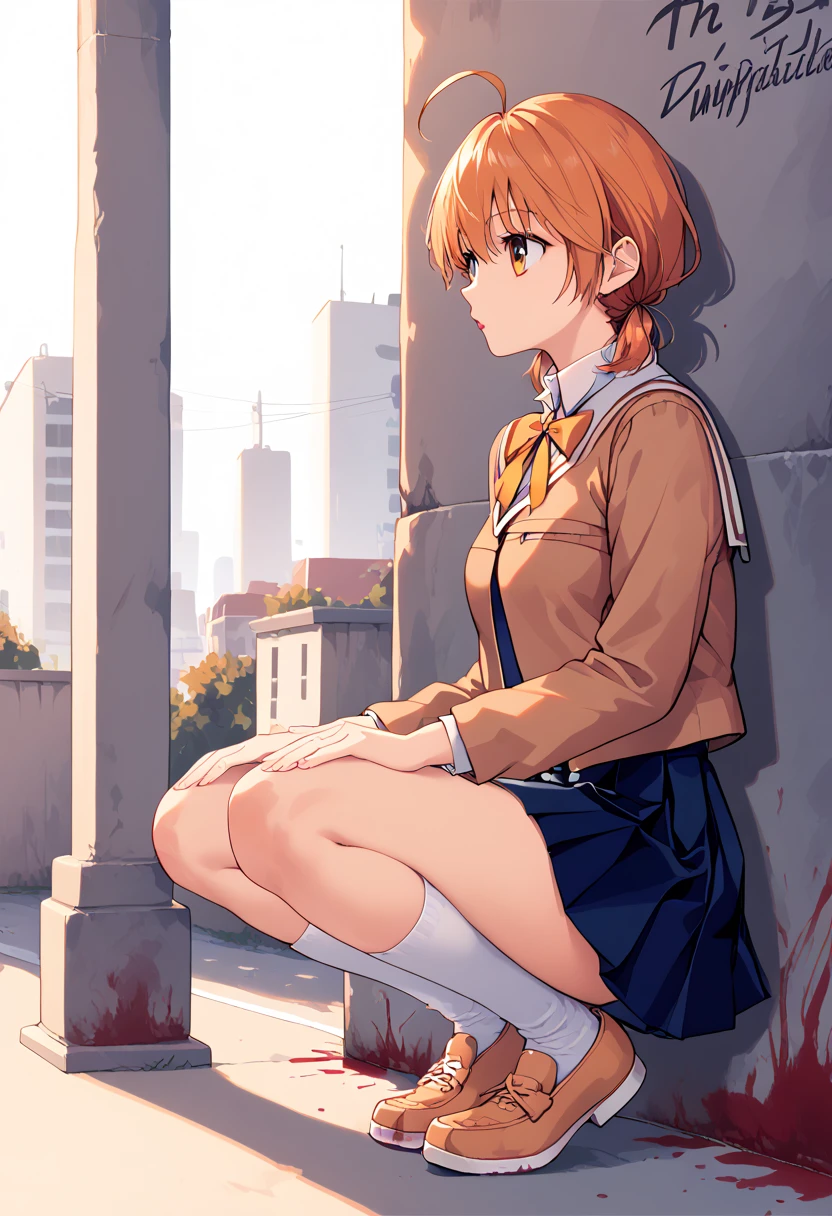 (masterpiece),best quality,cowboy shot,front shot,solo,1-young girl,

(ite),skinny,(thin legs),medium breast,squatting in the city,detailed 

panty,panty-shot,(panty blood stain),school uniform,orange hair,low short 

twin tails,ahoge,