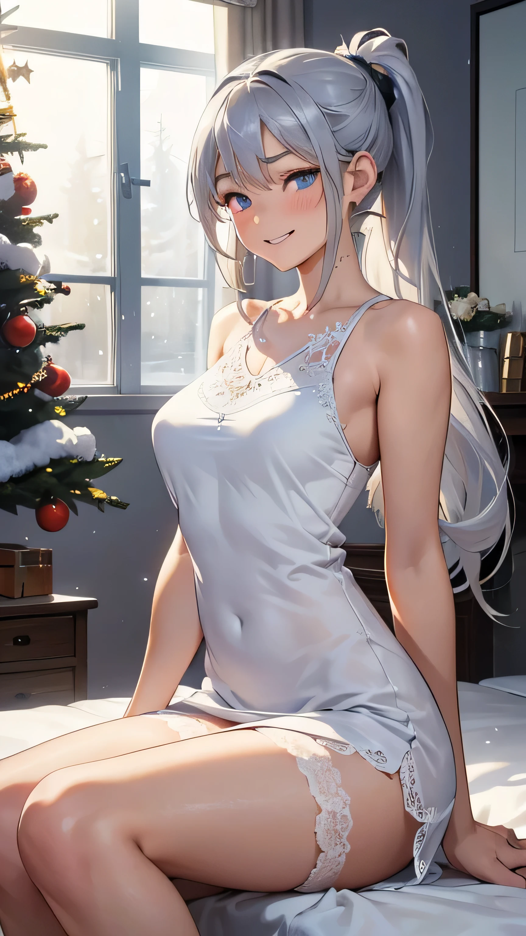 ,masterpiece, best quality , high quality,8k, photorealistic ,masterpiece,, girl,Silver Hair, Long Hair, ((ponytail)), wavy hair in front of the station,((girly ponytail )),(( close your eyes and laugh)Look Up、
), opening slightly、blue eyes , eyeshadow,(Thin eyebrows),Smile like a koisuru otome,
Thin Waist, pretty tight ass , slender body ,Tall and slim ,whole body,Big Breasts, ((White SexyCami Dress)),(( Thin Lace Fabric )),( cami dress with white fur),
Beige sweater , Wear a long white dress that covers theTight fitting whole body's skin, The material of the dress lets light through ,smile,Face and arms. (Thin legs),
Strong Light,sitting on the bed ,A room with a winter fireplace, snow outside the window, and a Christmas tree in the corner,,Open your legs a little, Illuminates the long legs in the clothes , The light is blocked by someone , Light passes through the inside of the thighs , blush, smile, gaze,