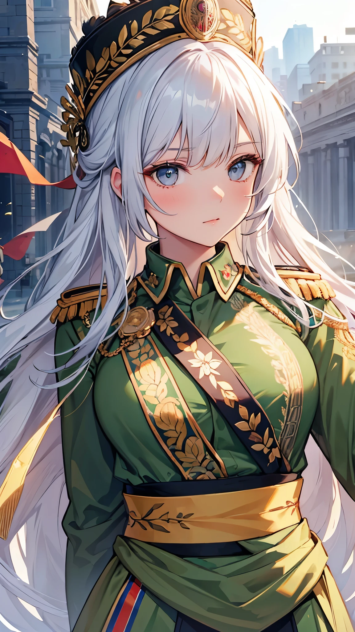 (( best quality)),( ultra high resolution),( super detailed),( detailed description ),(( best CG )),(masterpiece), Highly Detailed Art ,( Art with Precise Details:1.5), (female soldiers:1.7),( strong gaze :1.4),(ceremonial military uniform :1.6, finely detailed embroidered sash:1.8)