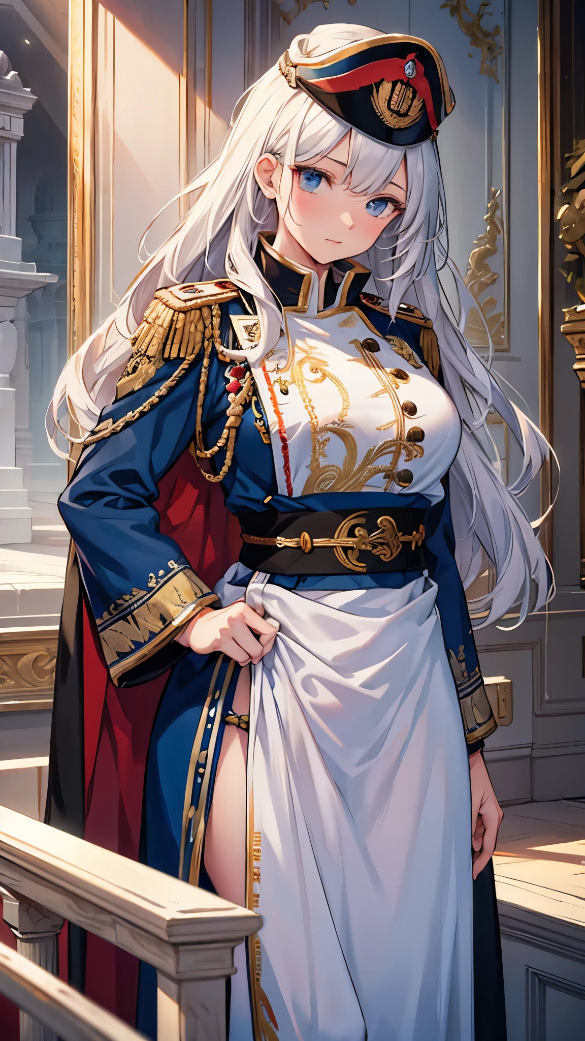 (( best quality)),( ultra high resolution),( super detailed),( detailed description ),(( best CG )),(masterpiece), Highly Detailed Art ,( Art with Precise Details:1.5), (female soldiers:1.7),( strong gaze :1.4),(ceremonial military uniform :1.6,  finely detailed embroidered sash:1.8)