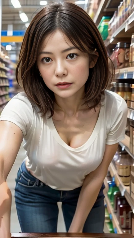 G-cup busty、(( best quality, 8k,  table top  :1.3)),  sharp concentration :1.2, 美しい mature woman , 50 Year Old Married Women ,  mature woman , (( Loose Fit T Shirt)), (( forward slack )), ( Beautiful breasts), , Bust Emphasis,  highly detailed face and skin textures, fine grain, (Round face:1.4), ( shopping at the supermarket,Crouching in front of a product shelf browsing :1.2), downblouse, loose t-shirt, leaning forward, Selfie
