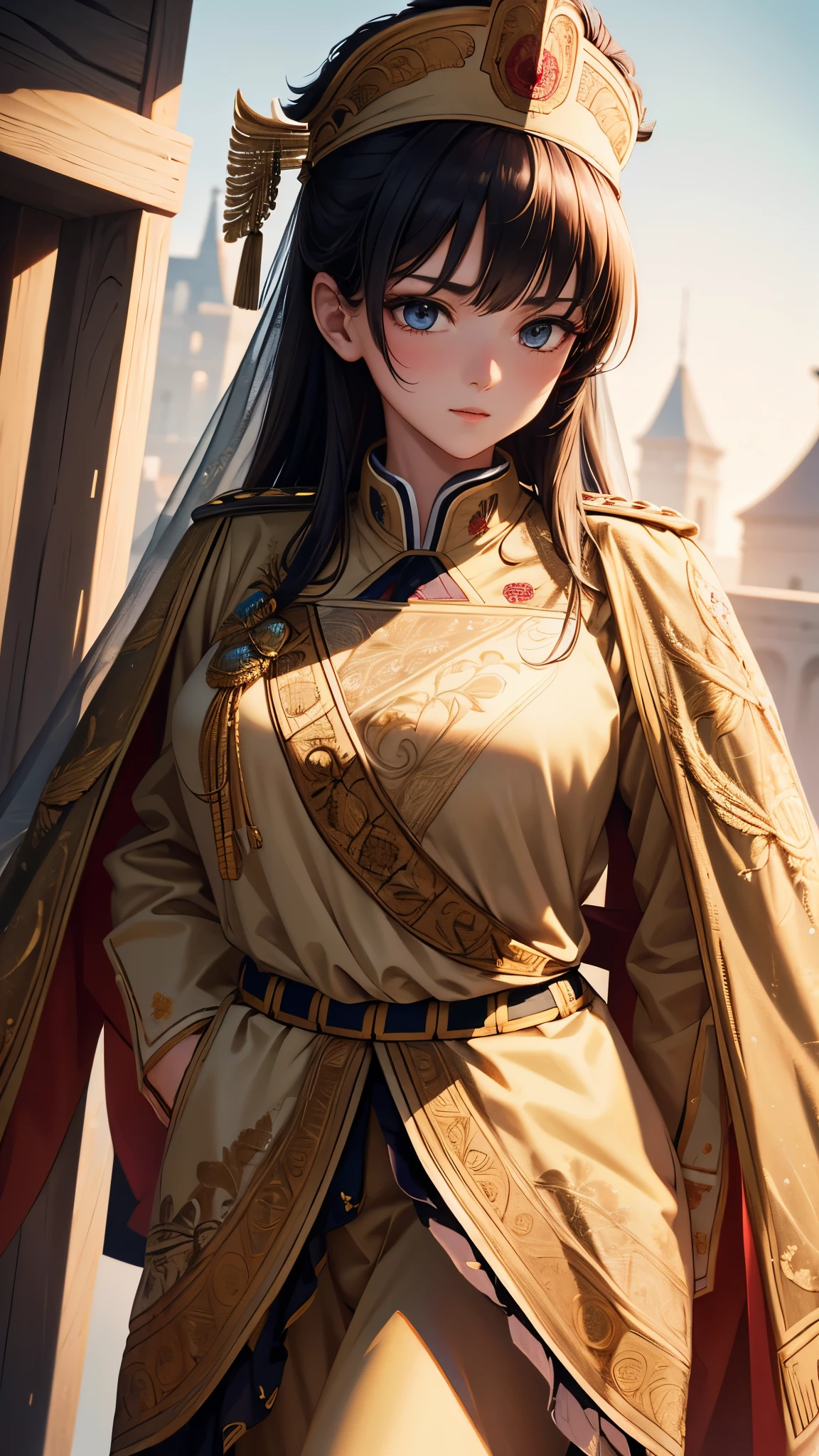 (absurdres, highres, ultra detailed),masterpiece,best quality,high resolution,8k,Realistic face,Realistic skin texture,magnified textures, stunning clarity,ultra detailed anime girl,(medieval central asia:1.3),dark brown hair,gape,have sword,look at viewer,cowboy shot,silkroad,oasis,(central asia market:1.2),serene pose