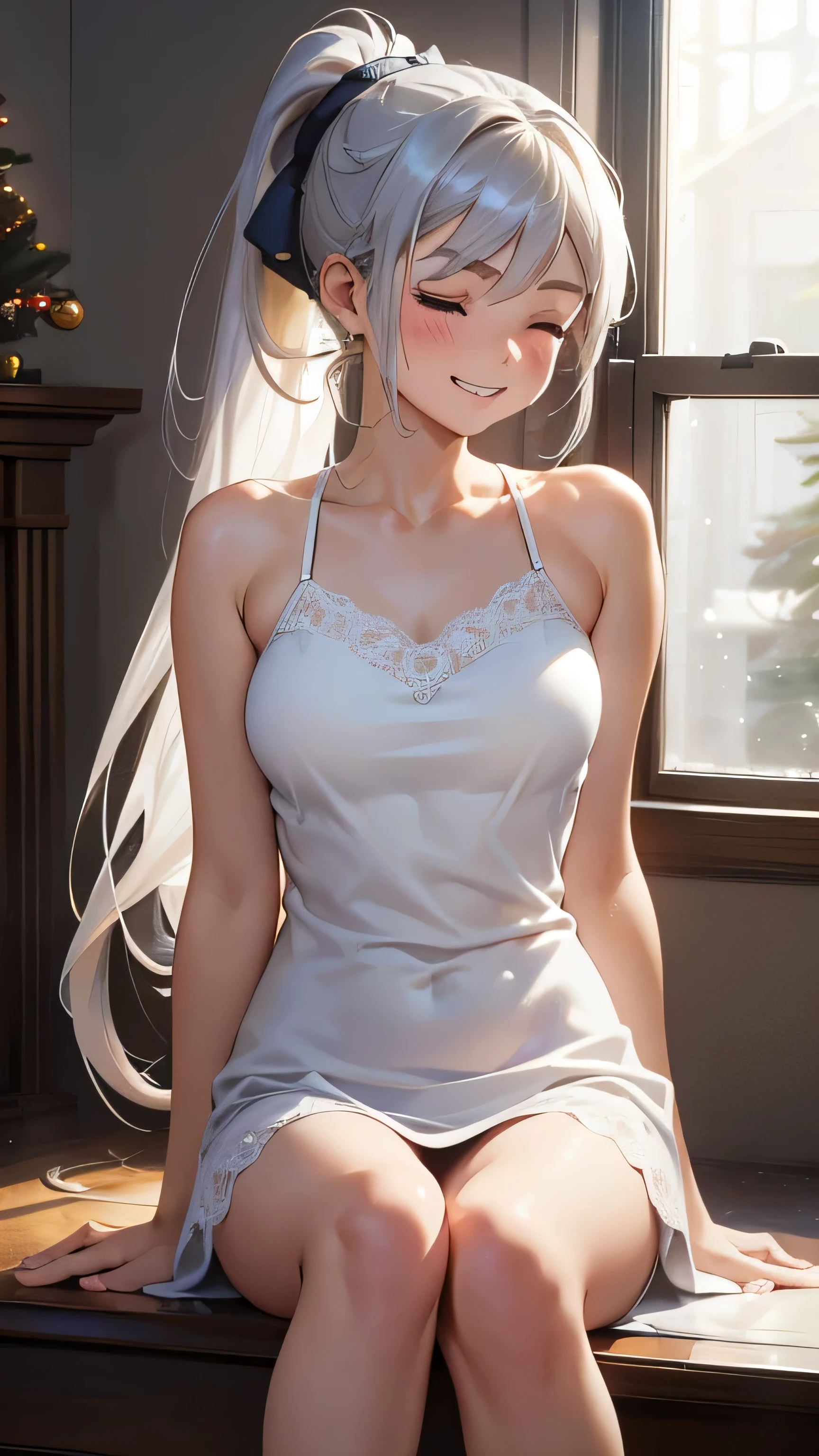 ,masterpiece, best quality , high quality,8k, photorealistic ,masterpiece,, girl,Silver Hair, Long Hair, ((ponytail)), wavy hair in front of the station,((girly ponytail )),(( close your eyes and laugh)Look Up、
), opening slightly、blue eyes , eyeshadow,(Thin eyebrows),Smile like a koisuru otome,
Thin Waist, pretty tight ass , slender body ,Tall and slim ,whole body,Big Breasts, ((White SexyCami Dress)),(( Thin Lace Fabric )),( cami dress with white fur),
Beige sweater , Wear a long white dress that covers theTight fitting whole body's skin, The material of the dress lets light through ,smile,Face and arms. (Thin legs),
Strong Light,sitting on the bed ,A room with a winter fireplace, snow outside the window, and a Christmas tree in the corner,,Open your legs a little, Illuminates the long legs in the clothes , The light is blocked by someone , Light passes through the inside of the thighs , blush, smile, gaze,