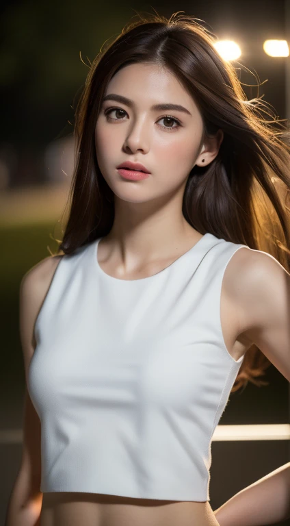 ((Realistic lighting, best quality, 8k, masterpiece: 1.3)), clear focus: 1.2, 1 girl, Perfect body: 1.4, slim abs: 1.1, ((dark brown hair)), (white crop top: 1.4), (outdoor, night: 1.1), city street, The face is super delicate, beautiful eyes, double eyelids,