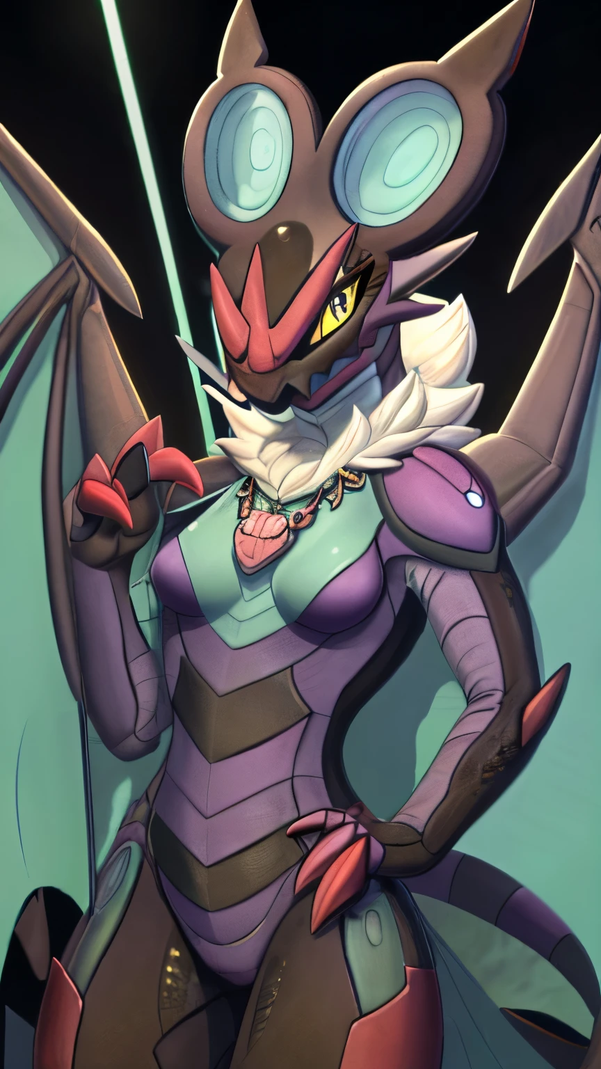 Female, solo, anthro, anthro noivern, pokemon, natural breasts, digitigrade, detailed full body picture, detailed eyes, one tail, noivern, wings on back, both hands seperate from wings, ((large bright glowing eyes)), toe claws, long thick noivern tail, wearing a magical amulet, red claws,

,looking at viewer, explicit content, highres, super high resolution, beautiful details, beautiful eyes,  high quality, good lighting, high res, ((masterpiece)), 8k, (detailed scales):1.2