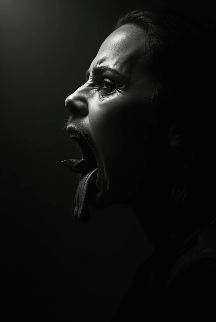 A shadowy depiction of a human face in profile with an open mouth. The tongue appears to be missing, and the face is partially obscured by darkness, creating an eerie and unsettling effect.