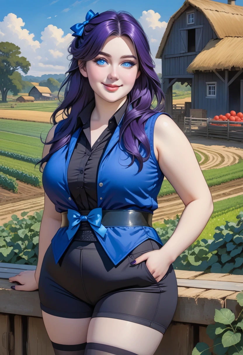 Illustration, realistic proportions, overweight woman, purple hair, blue eyes, long hair, parted bangs, gothic makeup, blue bow in hair, sleeveless black top, long blue vest, cummerbund, black hotpants, black tights,  farm in background, gentle smile