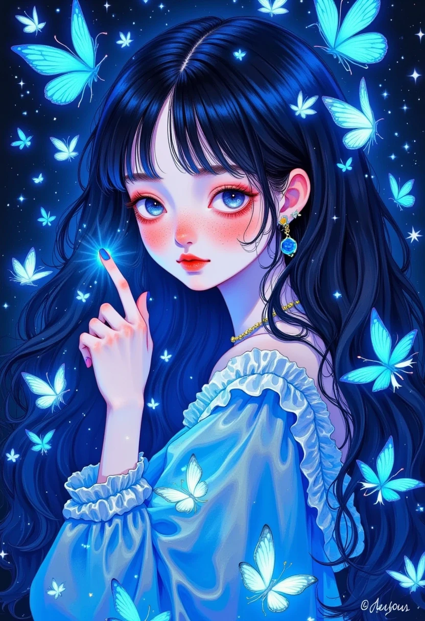 beautiful anime girl ,   The portrait of the character is in the middle  ，  Surrounded by glowing butterflies and neon lights,   fantasy art style  , color cartoon, Blue color scheme,  Mysterious background ,   I can't believe how beautiful it is  ,   dark white and light black  ,    Detailed Facial Features  ,   Animation-style character   ,   high resolution,  side  ,   bright color  ,   cute