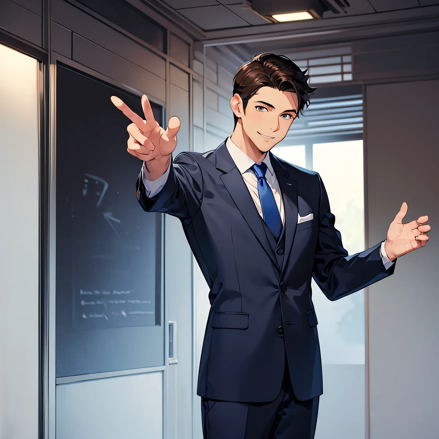 (top quality, masterpiece, front), 1 male, 30, great, handsome, Japanese, gentle smile, short dark brown hair, gentleman, standing, (no beard), fresh smile, dark blue business suit, gray tie, left arm raised straight across, pointing, posing