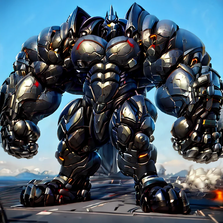 - Reinhard is wearing a latex muscle suit.
- masterpiece. official art. 8k. best quality. detailed full body. full body.
- black latex muscle suit. latex Muscle Suit. The whole body is black.
- no face. wearing a full-face helmet. helmet is jet black.

- He with 4 arms.
- large muscles,  big muscle, huge muscles,  massive muscles,  glistening muscles, bulk up.
- dominating latex Muscle Suit. He has long legs. giantess.
- focus GIANT mechanical Muscular latex Muscle Suit is trampling the city. Looking down. macro. stomp. Low-angle perspective. emphasizing the immense size.
- Spread wings. It has wings. black have big wings.
- He has a black cape on his back.
- The nails are sharp. The nails are black. There are five fingers.
- The toenails are sharp. The toenails are black. There are five toes.
- He is wearing black boots. He is wearing black gloves. He is wearing black armor.
(reinhardt, power armor, helmet.)
((There are no nipples.))