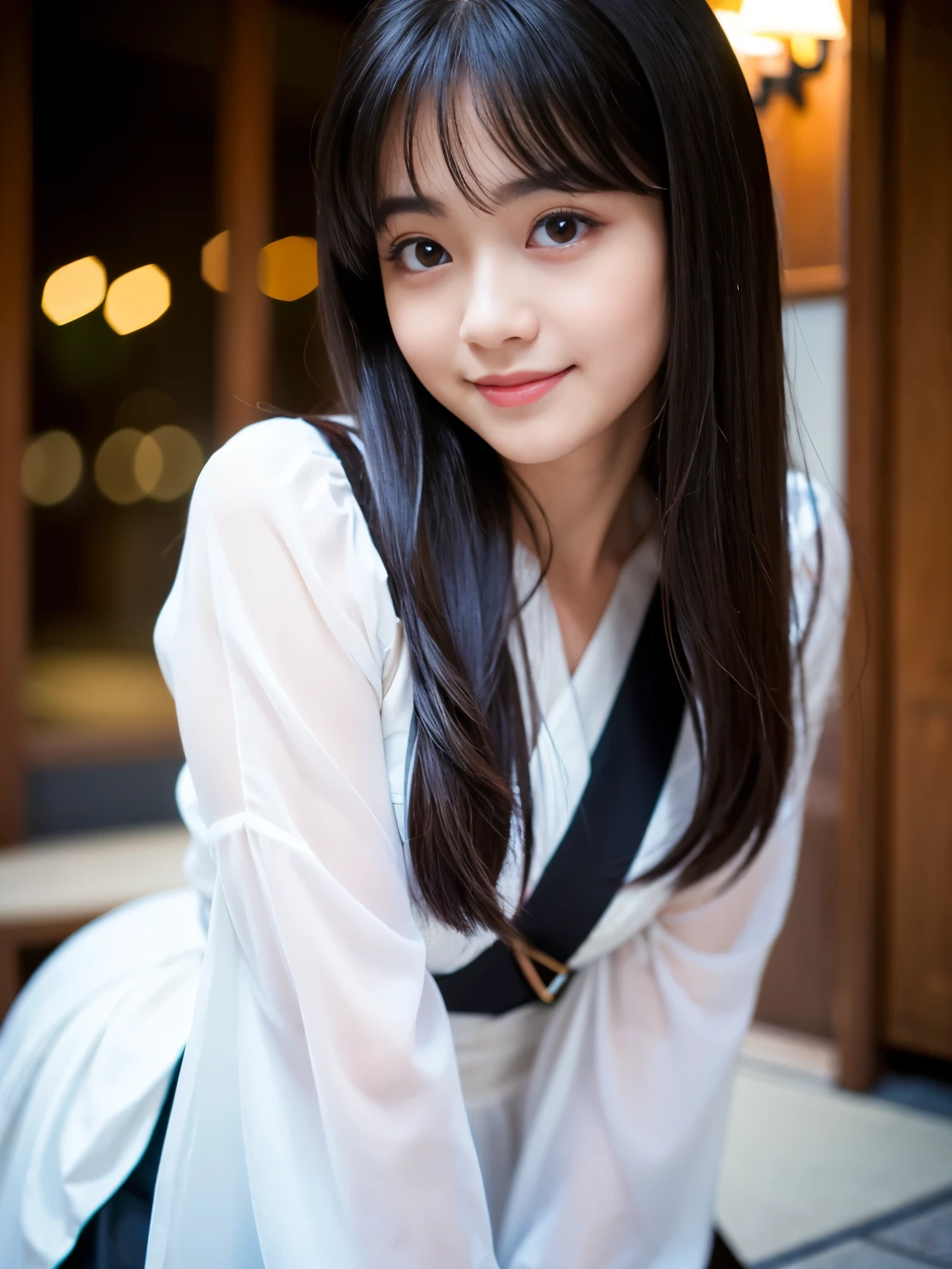 (Best-quality, Masterpiece, Ultra-High-Resolution, (Photorealistic:1.4), Raw Photo, depth of field, professional lighting, perfect anatomy, extremely details), ((((Magnificent-view, in Kyoto-City, detailed Kyoto-City)))), 1girl, 15-years-old, the most famous Japanese-idol, dynamic-pose, ((wearing summer-clothes with cute-design)), looking at viewer, ((innocent-smile)), ((extremely cute and extremely childish face like the most popular Japanese-idol, ((extremely cute and extremely big black-eyes)), extremely beautiful black-long-hair, (((extremely beautiful and extremely realistic skins))), extremely cute lips, extremely cute long-eyelashes, extremely skinny body))