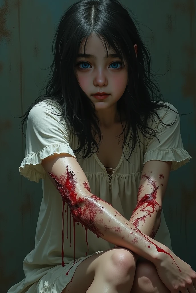 Girl dead on the floor face down, acidente poste caiu sobre, escola, a lot of blood on the floor, dark, noite, estilo jogo de terror, View from above, 8k, maximum detailed, alta qualidade