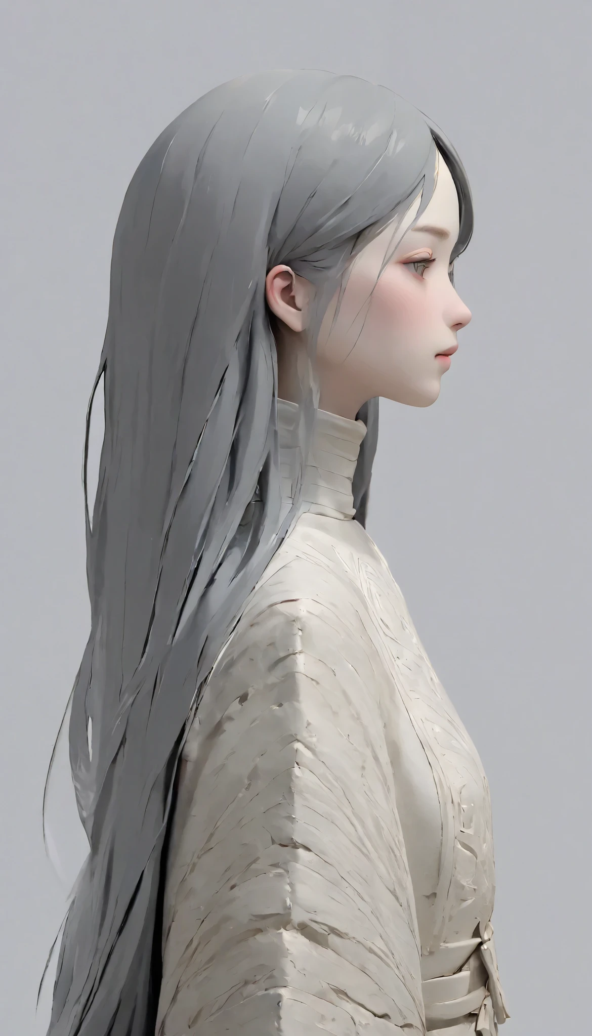 (  best quality:1.2),ultra-light clay, Adult female, Female Body, slender、 Artistic Expression 、Long Hair、clay、Pottery、  thin waist、 short bob hair ,myth, mineral pigments, 3D clay sculpture art, clay sculpture, Rough surface, (slope,slope background,  gray background  ,Food Up,Alone, turtleneck、 upper body、profile