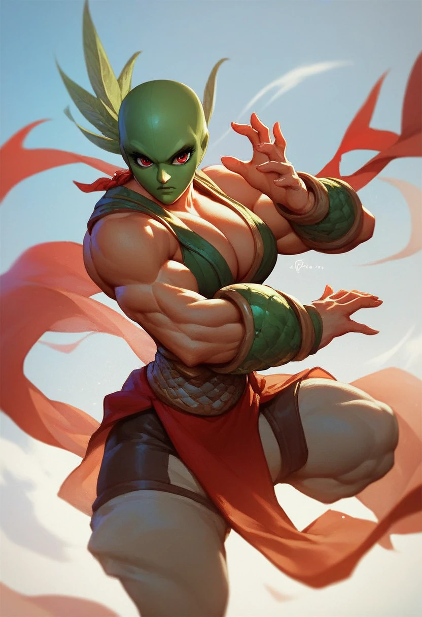 The Mask,big head,green head,woman,buff,muscular,bald,sexy,badass,big boobs,,red eyes,fighter outfit,fullbody,inspired by the style of Tex Avery