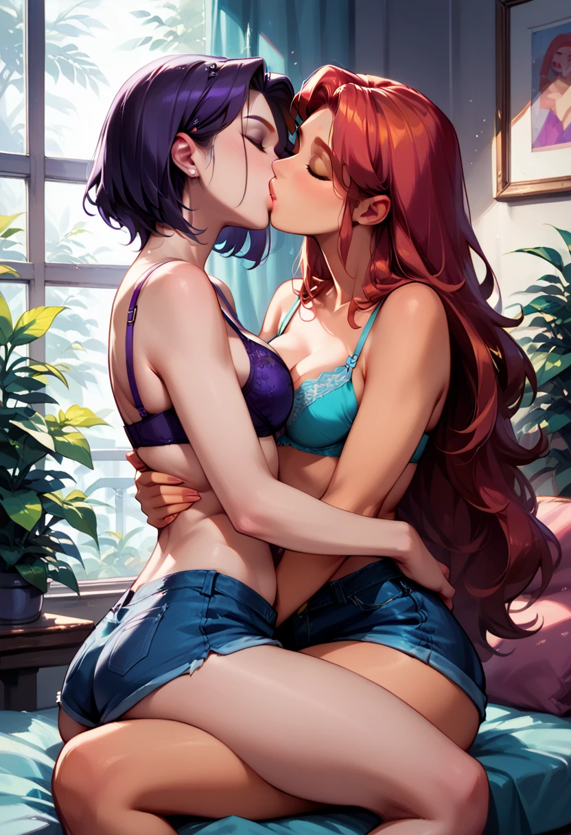 score_9, score_8_up, score_7_up, rating_questionable, epiCPhoto, 2girls, duo, couple, yuri, very sexy (Raven, short hair:1.5), and (Starfire, long hair:1.4), wearing (bra and tiny shorts only:1.3), (focus on lips, kiss, deep kiss, passionate kiss:1.3), (sitting on lap, straddling:1.4), beautiful, graceful, elegant, beautiful scene, soft romantic lighting, in love, flirt, gaze, sexy look, eyes closed, head tilt, filled lips, thick lips, dark, moody, (dimly lit:1.4), highly detailed, sexy scene, absurdres, 4k, masterpiece, best quality.