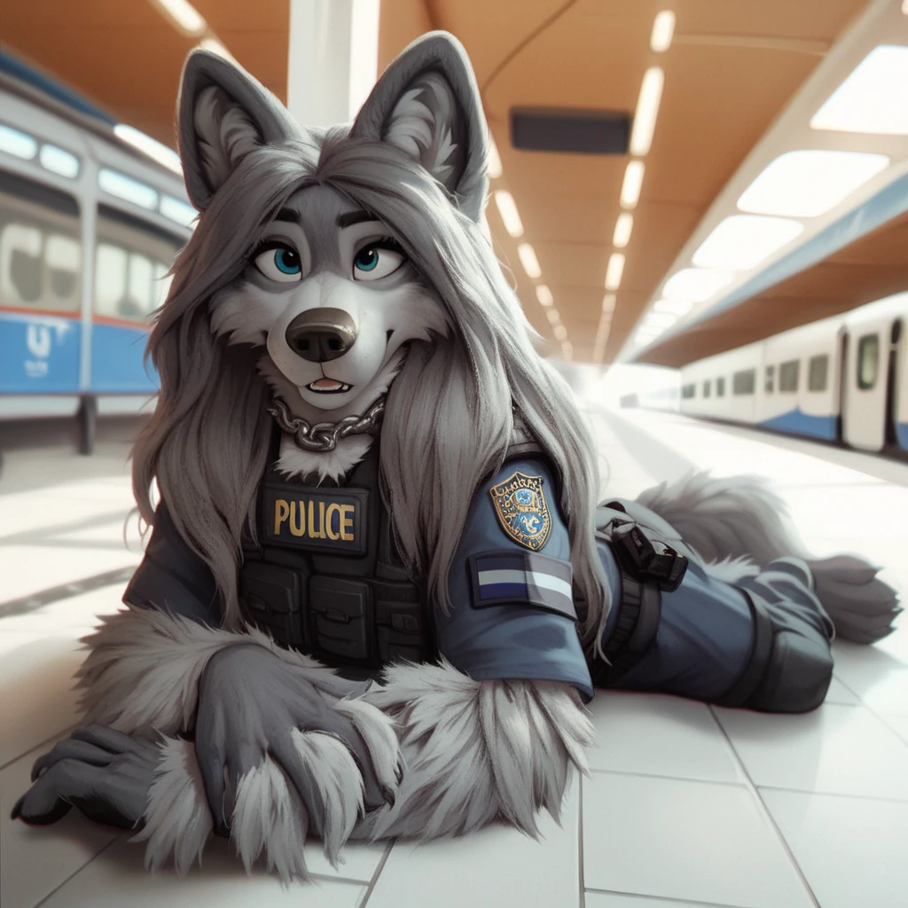 score_9, score_8_up, score_7_up, score_6_up,jenna, very extra long haired, anthropomorphic, adult, furry, wolf, wearing a heavy police vest, lying down, panting, transit station,, black tactical uniform, chain collar, adult furry wolf, wavy hair, long slender snout