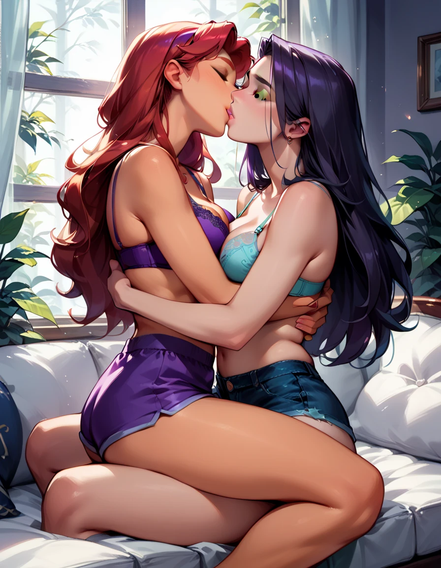 score_9, score_8_up, score_7_up, rating_questionable, epiCPhoto, 2girls, duo, couple, yuri, very sexy (Raven, short hair:1.5), and (Starfire, long hair:1.4), wearing (bra and tiny shorts only:1.3), (focus on lips, kiss, deep kiss, passionate kiss:1.3), (sitting on lap, straddling:1.4), beautiful, graceful, elegant, beautiful scene, soft romantic lighting, in love, flirt, gaze, sexy look, eyes closed, head tilt, filled lips, thick lips, dark, moody, (dimly lit:1.4), highly detailed, sexy scene, absurdres, 4k, masterpiece, best quality.