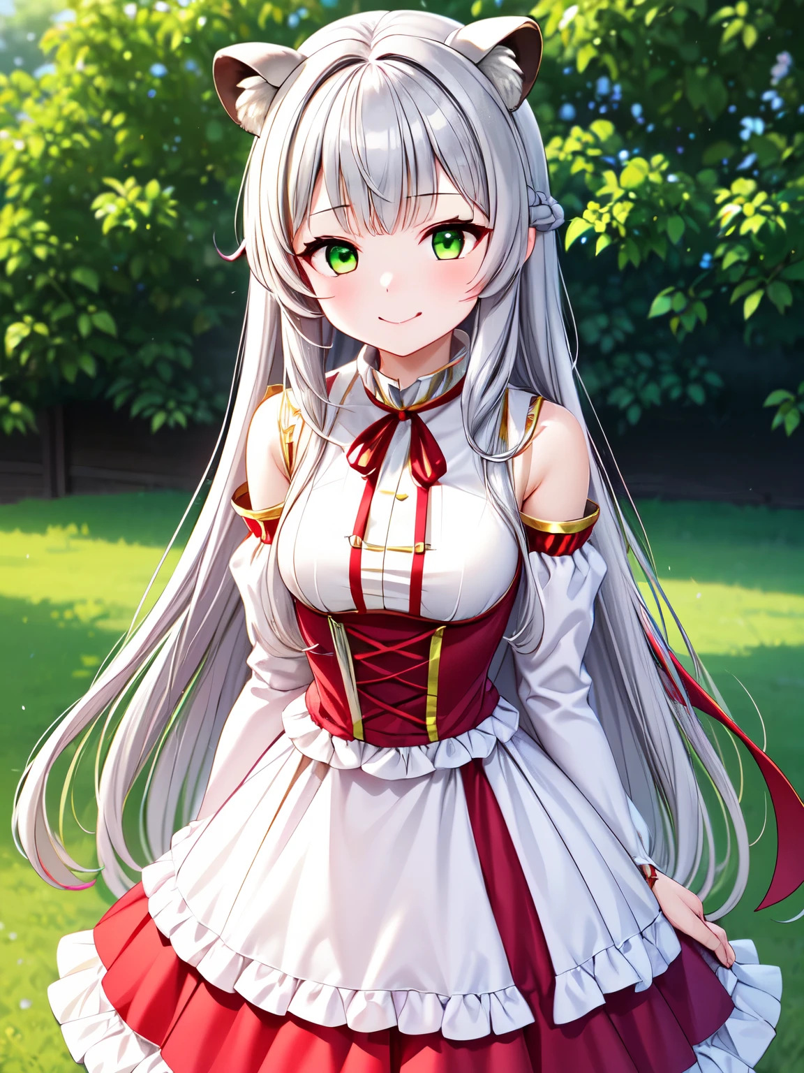 masterpiece,  best quality,  high definition 、  1 girl,solo、 Fox's Ears、 silver hair、 Silver Hair, Long Hair,  sweep bang, Silver Hair, yellow-green eyes, (Purple ribbon: 1.2), Big beautiful eyes, Cute mouth ,  (red and white idol costume :1.5)、smile、Embarrassed,  flared skirt showing right shoulder, whole body