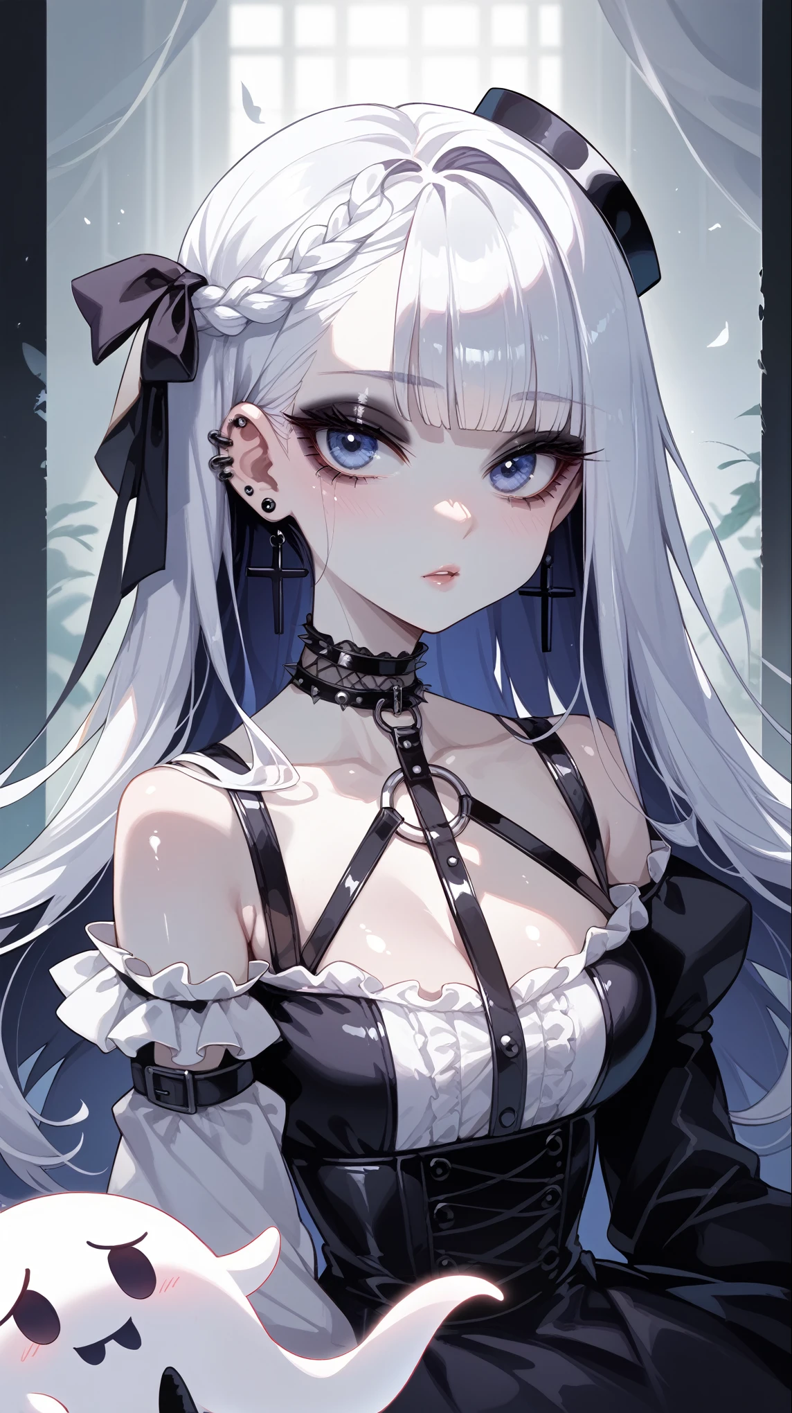 a close up of a doll with long hair and a cross on her chest, doll punk, pale porcelain white skin, 1 anime goth girl, 1 goth girl, goth girl aesthetic, pale milky white porcelain skin, artdoll, korean goth girl, dreamy gothic girl, pale ghost girl,shiny skin,vivid colors