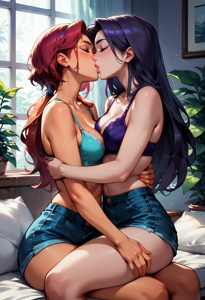 score_9, score_8_up, score_7_up, rating_questionable, epiCPhoto, 2girls, duo, couple, yuri, very sexy (Raven, short hair:1.5), and (Starfire, long hair:1.4), wearing (bra and tiny shorts only:1.3), (focus on lips, kiss, deep kiss, passionate kiss:1.3), (sitting on lap, straddling:1.4), beautiful, graceful, elegant, beautiful scene, soft romantic lighting, in love, flirt, gaze, sexy look, eyes closed, head tilt, filled lips, thick lips, dark, moody, (dimly lit:1.4), highly detailed, sexy scene, absurdres, 4k, masterpiece, best quality.