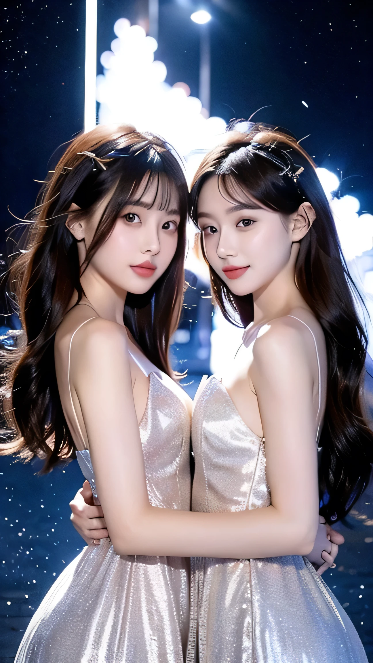 Beautiful twin goddesses. They are clad in gorgeous long black and white dresses. They have angel wings on their dresses. They each have short bobbed hair and both are smiling as they look at us. Each twin is leaning against the other, and the background is the night sky shining in the constellation of Gemini. The metallic sheen and reflective effects add to the ethereal and majestic atmosphere.