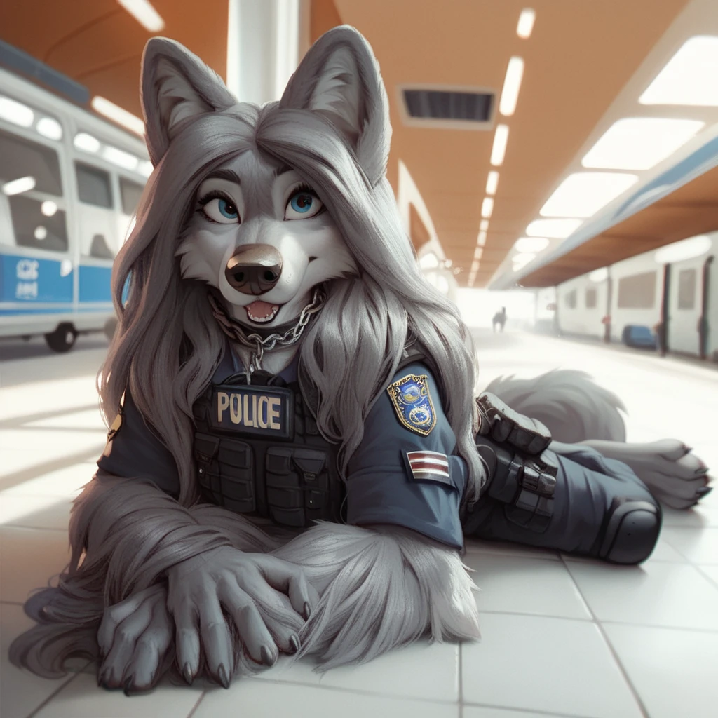 score_9, score_8_up, score_7_up, score_6_up,jenna, very extra long haired, anthropomorphic, adult, furry, wolf, wearing a heavy police vest, lying down, panting, transit station,, black tactical uniform, chain collar, adult furry wolf, wavy hair, long slender snout