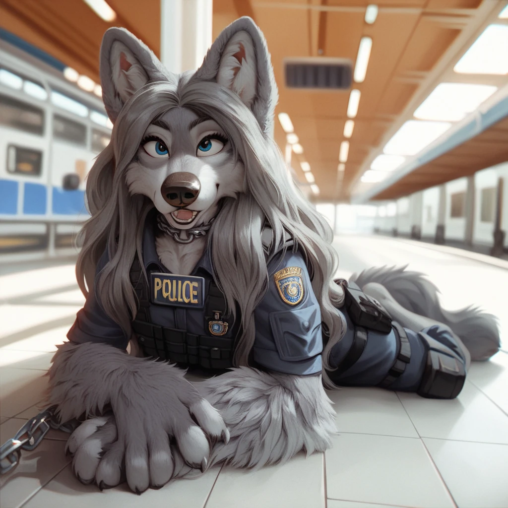 score_9, score_8_up, score_7_up, score_6_up,jenna, very extra long haired, anthropomorphic, adult, furry, wolf, wearing a heavy police vest, lying down, panting, transit station,, black tactical uniform, chain collar, adult furry wolf, wavy hair, long slender snout