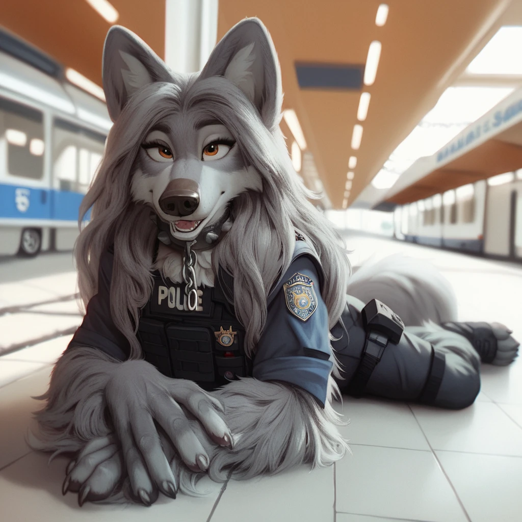 score_9, score_8_up, score_7_up, score_6_up,jenna, very extra long haired, anthropomorphic, adult, furry, wolf, wearing a heavy police vest, lying down, panting, transit station,, black tactical uniform, chain collar, adult furry wolf, wavy hair, long slender snout