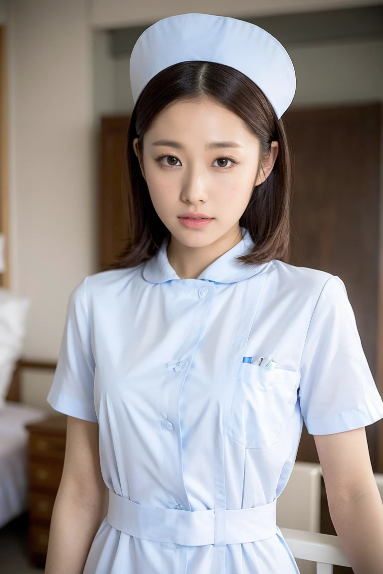  1 girl,(Wearing white nurse clothes:1.2),( RAW photo,  please redeem ), (Realistic, photo-Realistic:1.4), masterpiece,  very delicate and beautiful,  very detailed, 2k wallpaper,  amazing, finely,  very detailed CG unity 8k wallpaper,  very detailed,  high definition , Soft light,  beautiful detailed girl ,  very detailed eyes and face,  beautiful detailed nose, finely beautiful eyes, perfect anatomy,  black hair, nurse uniform, ((nurse cap)),  long skirt, nurse, whiteコスチューム, thin, hospital, Clear, white, hospital room, Neck auscultation, (( upper body))