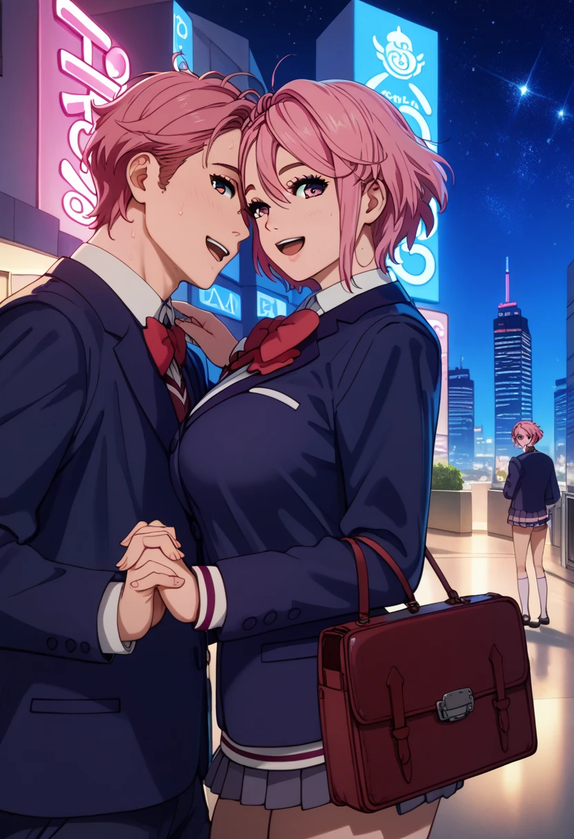 1boy,1girl, standing, Hold hands,looking back, twisted torso,view from front,smile, open mouth,
(night:1.2), cityscape, skyscraper, street, starry sky, neon sign,
masterpiece,best quality,amazing quality,very aesthetic,absurdres,newest, 
BREAK 1girl,Shiratori Aira, School uniform, (large breasts:1.3),Sweat 